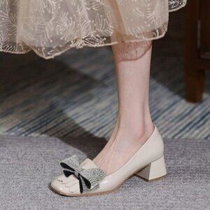 YDN Apricot Square Toe Tassel Pumps Rhinestone Bow Chunky Low Heels Slip on Shoe
